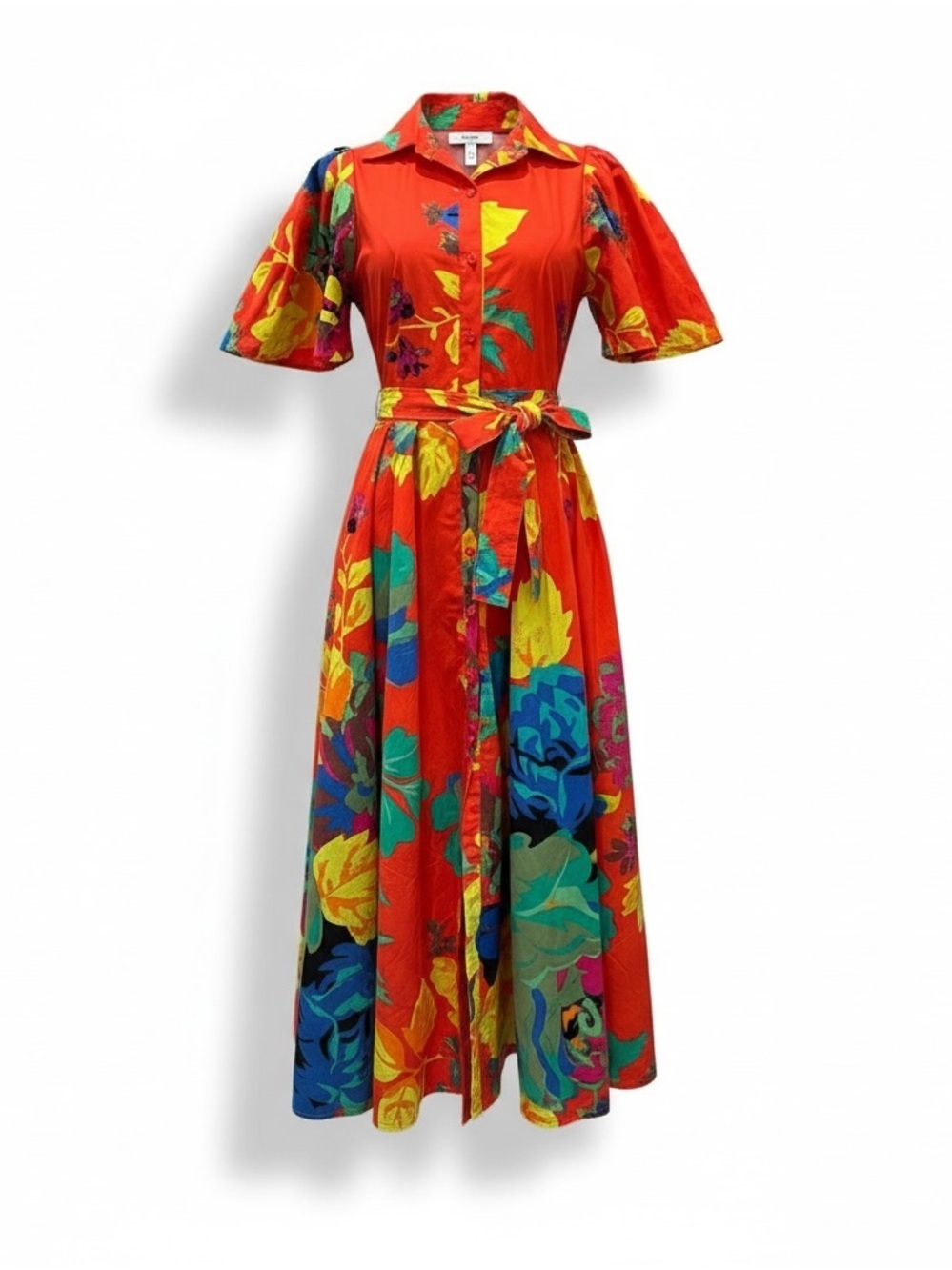 CHRISTOPHER JOHN ROGERS ✘ Target Red Floral Belted Shirt Dress Cotton Midi, S 0